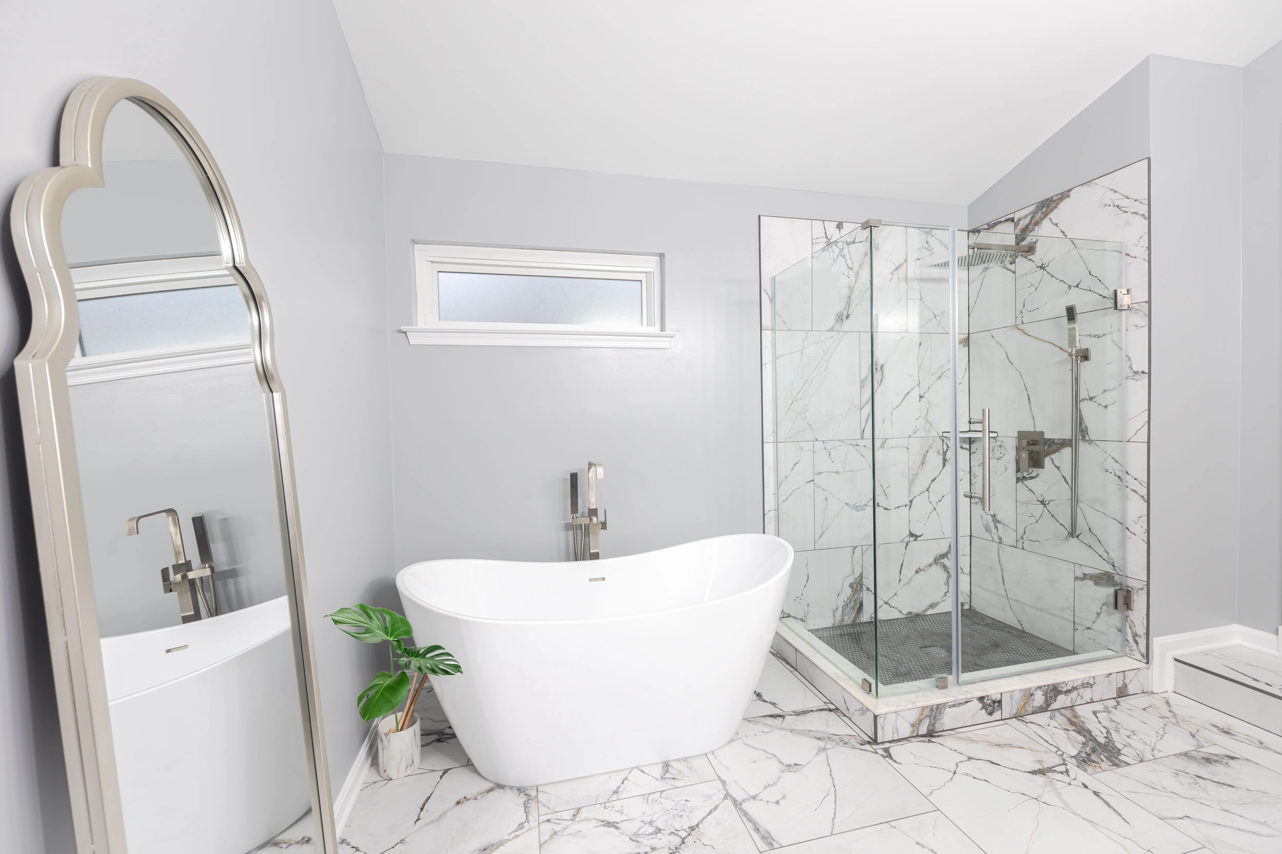 Prince George's County, MD, US 3 Master bathroom remodeling by expert contractors in Prince George's County, MD, US: Luxurious finished walk-in shower with corner shower, fixtures, wall tile, and flooring.