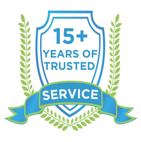 Badge showing a shield with laurel leaves, the text "15+ Years of Trusted," and a banner reading "Service," representing Zion Home Remodeling's 15+ years of proven experience in kitchen remodeling, bathroom renovations, and basement finishing throughout Maryland, USA.