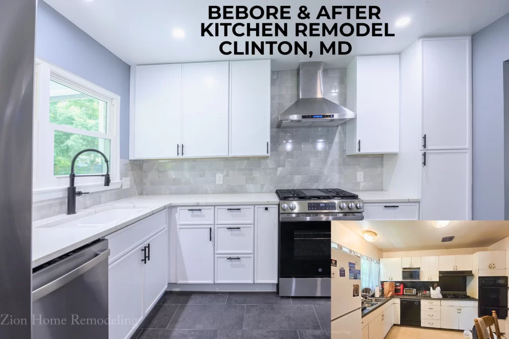 Before and after kitchen remodel photo in Clinton, MD, US showing the newly renovated kitchen with Slim Shaker Oatmeal cabinets, MSI quartz countertops, GE stainless steel appliances, tile backsplash, and new flooring by Zion Home Remodeling, a kitchen renovation contractor serving Prince George’s County, Maryland.